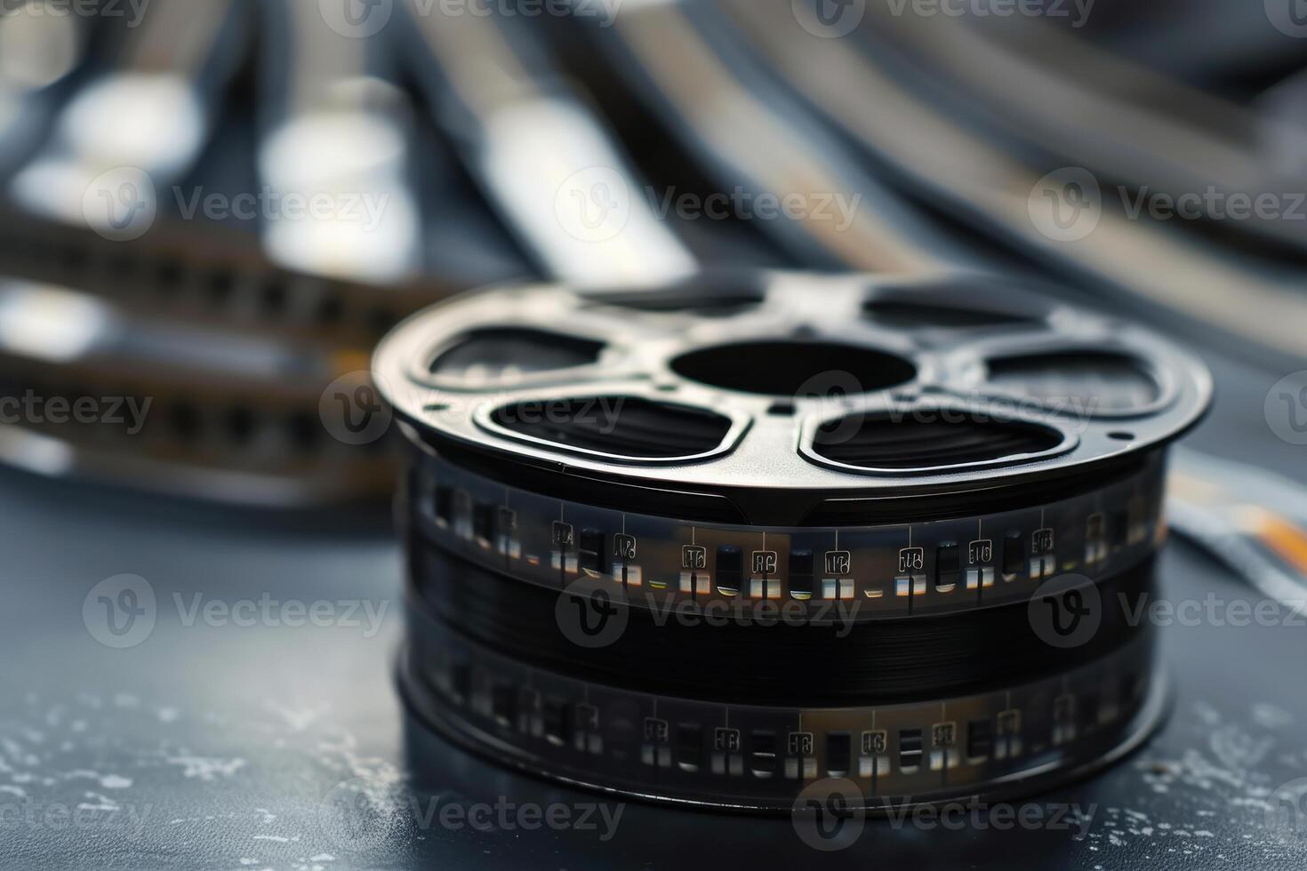 Vintage film reel on a dark surface with scattered film strips in the background photo