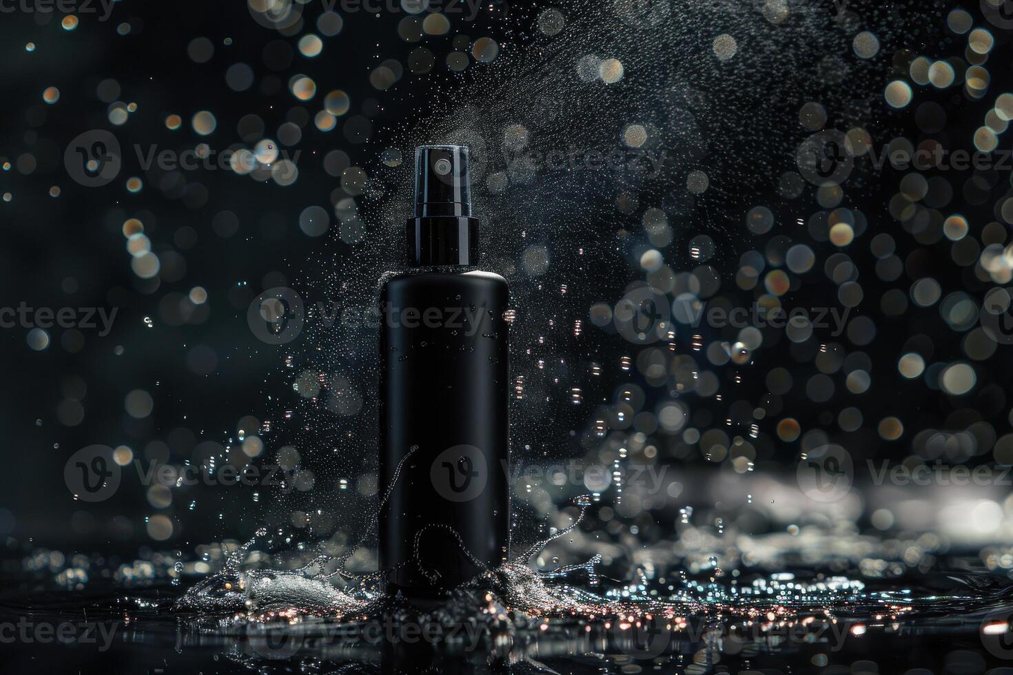 Black spray bottle with water droplets against a dark background, creating an artistic splash effect photo