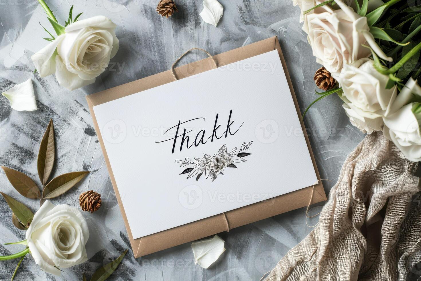 Thank you card with floral design surrounded by roses and pinecones on a textured gray surface photo