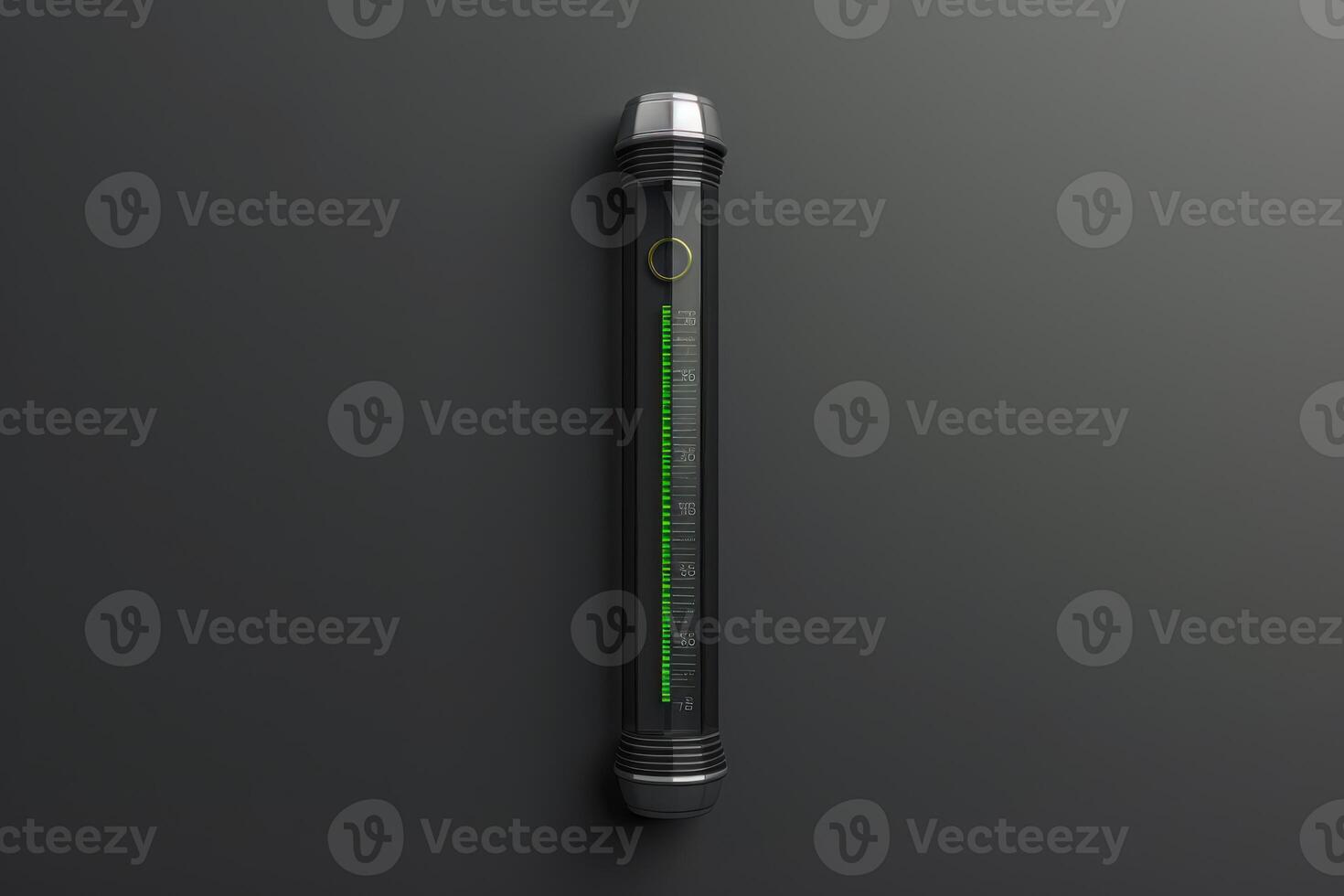 A sleek digital thermometer mounted on a dark wall displaying a green temperature reading photo
