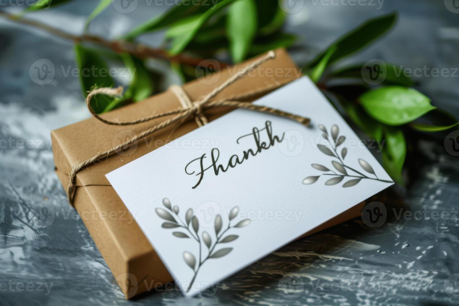 Thoughtfully wrapped gift box with a thank you note and greenery on a textured surface photo