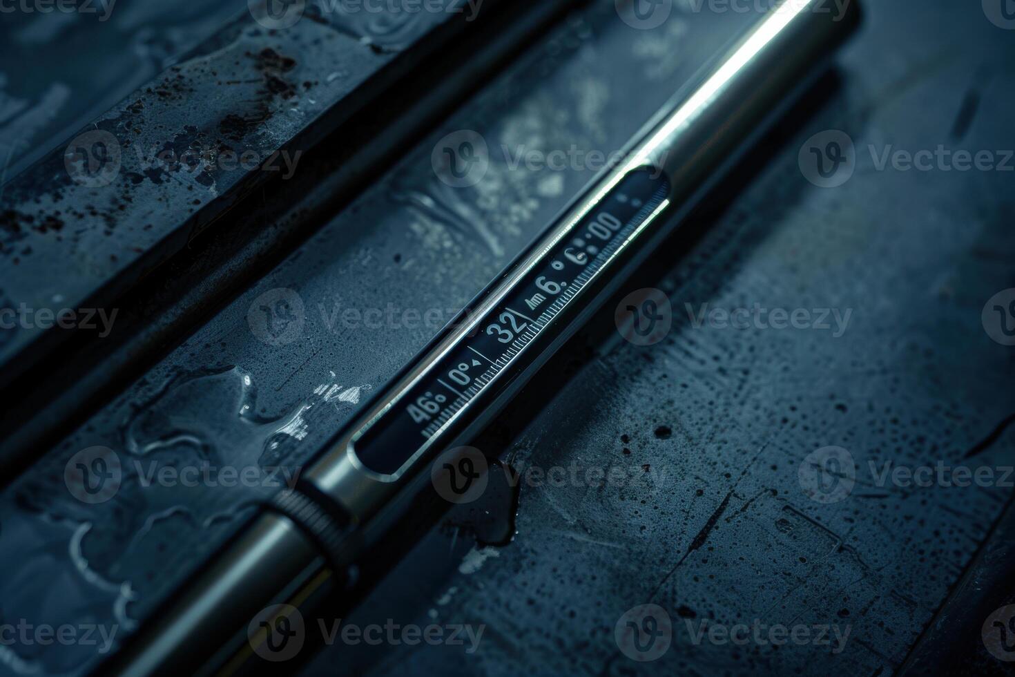 Close-up of a precision measuring tool resting on a metallic surface with droplets of water photo