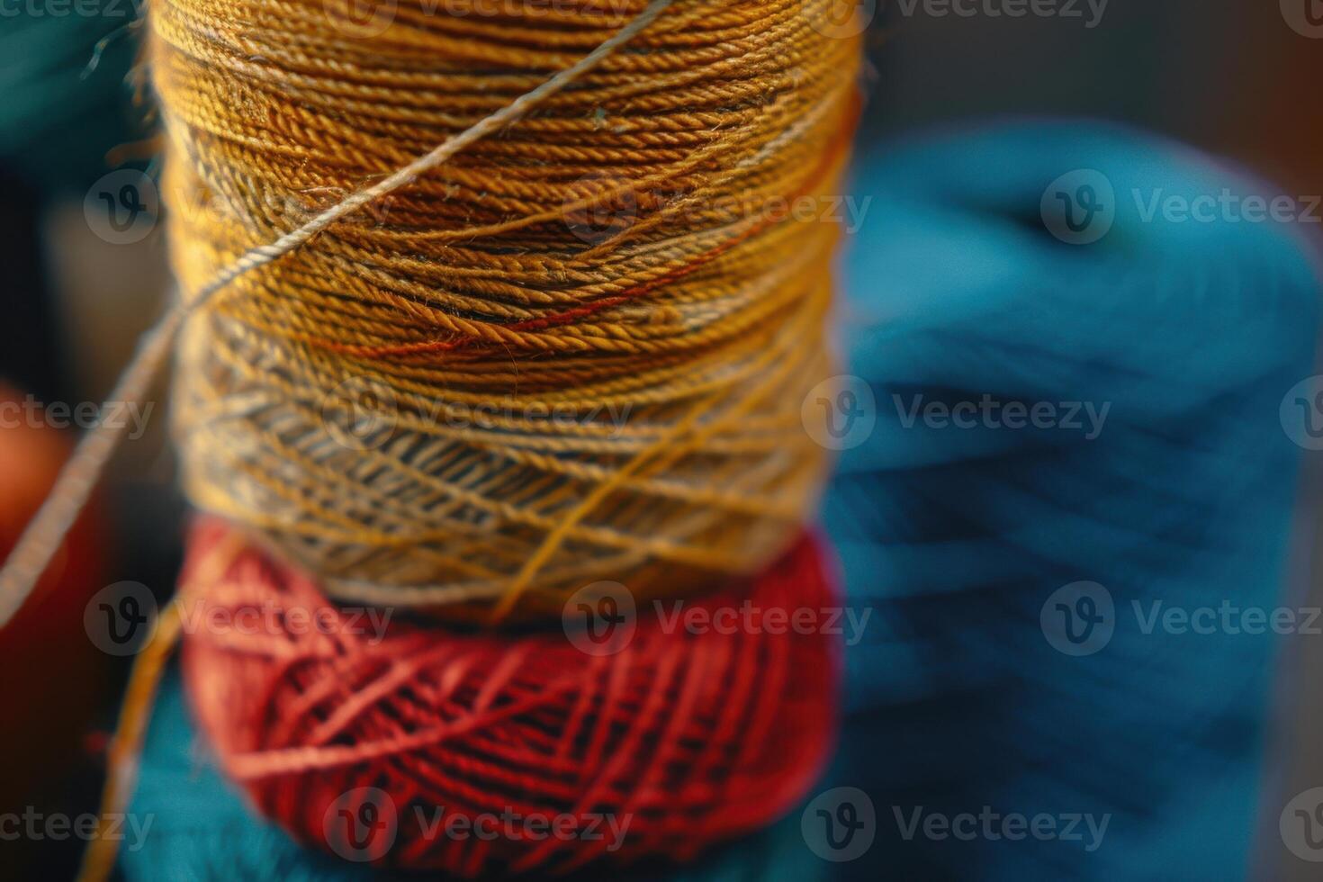Colorful spools of thread stacked in a crafting studio during the afternoon photo