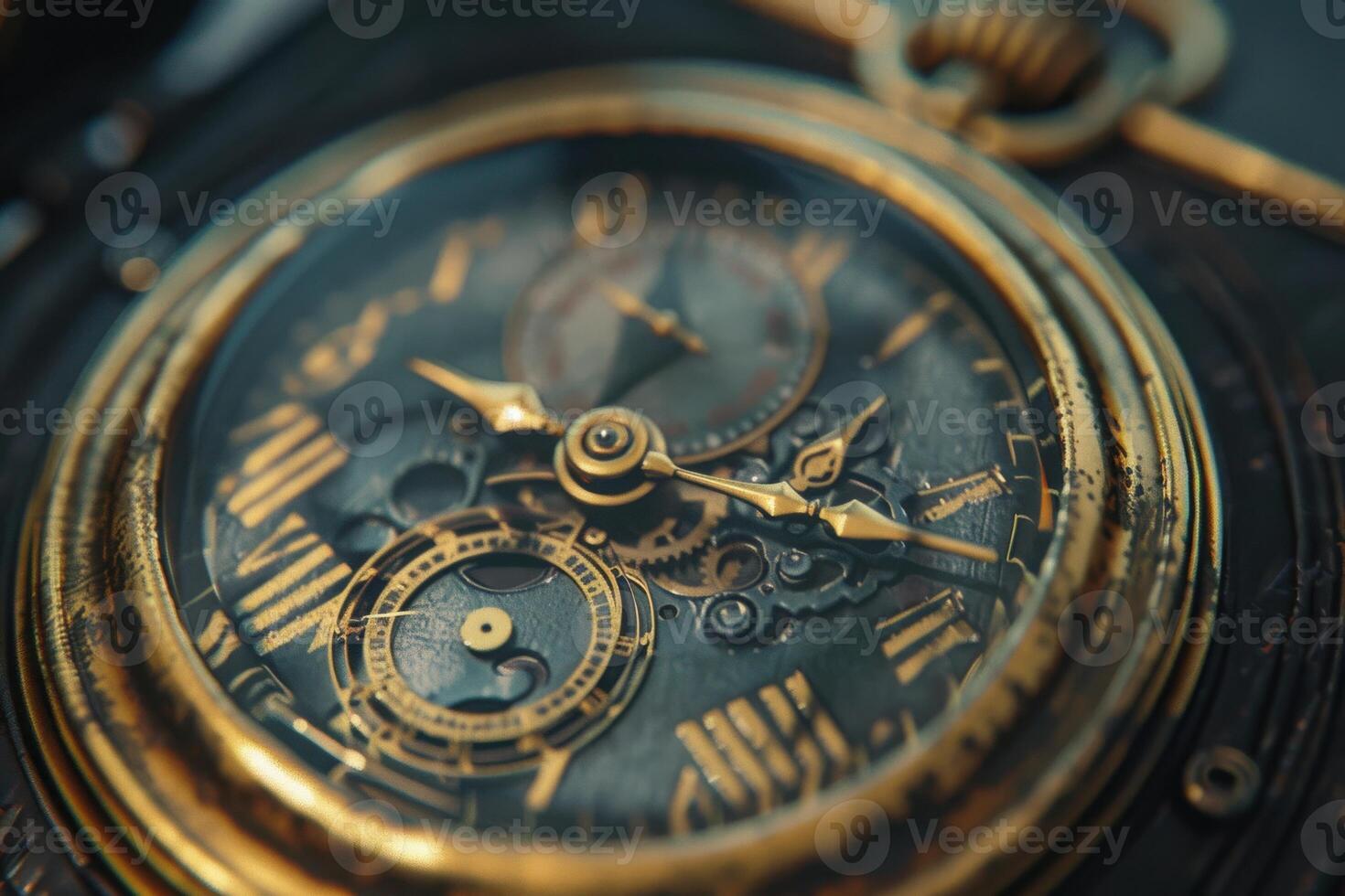 Close-up view of an antique pocket watch with intricate details and a vintage finish photo