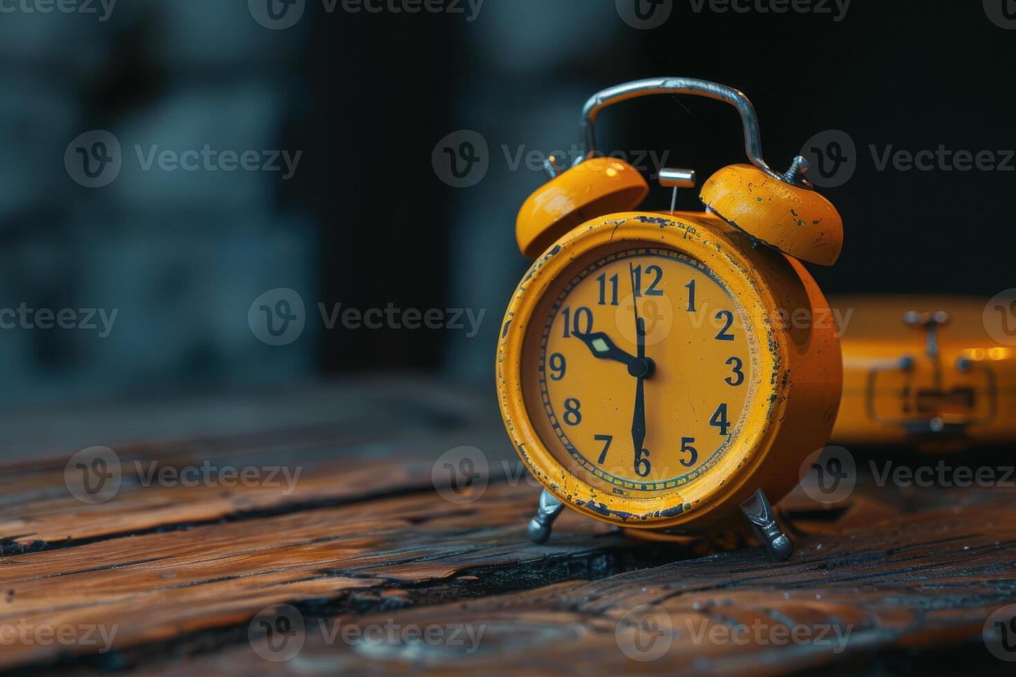 Vintage yellow alarm clock on rustic wooden table in soft light, capturing the essence of timelessness photo