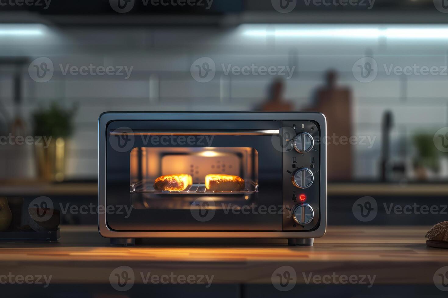 Baking bread in a kitchen toaster oven during late evening photo