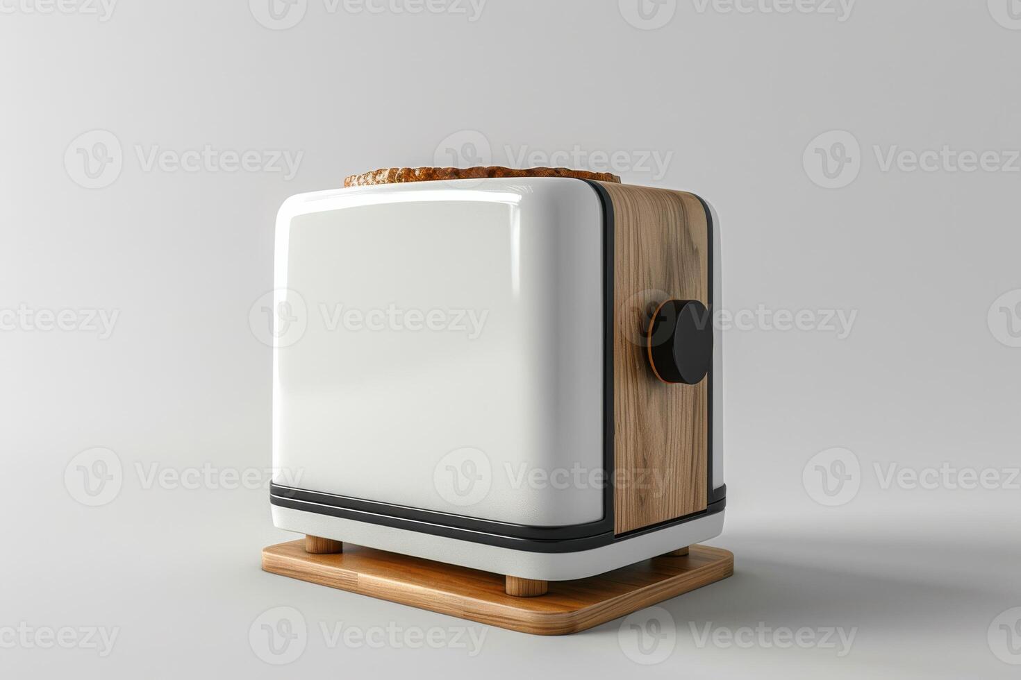 A modern toaster with a slice of bread on top placed on a wooden base against a light background photo