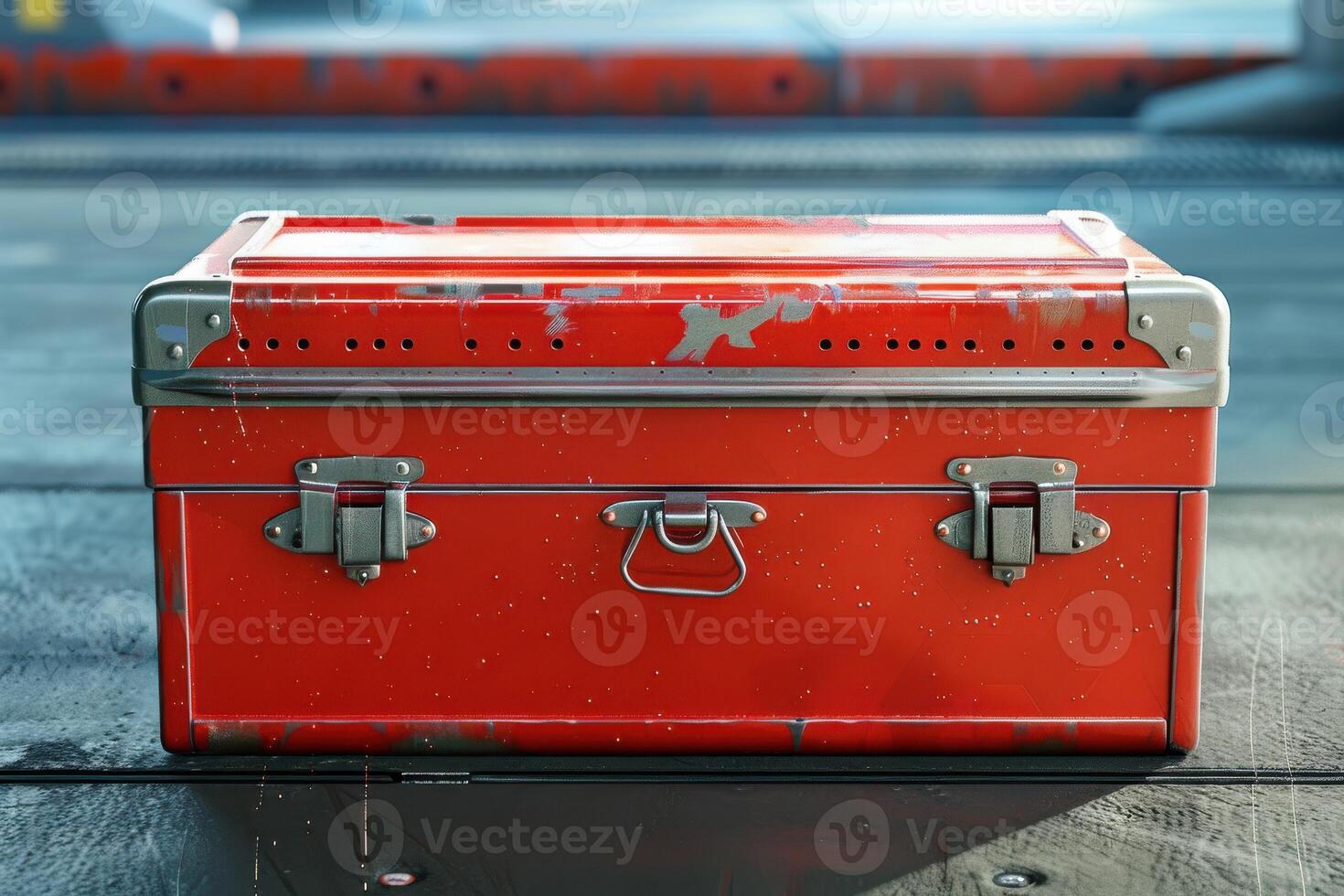 Red vintage toolbox placed on a workshop floor, showcasing wear and tear from use photo