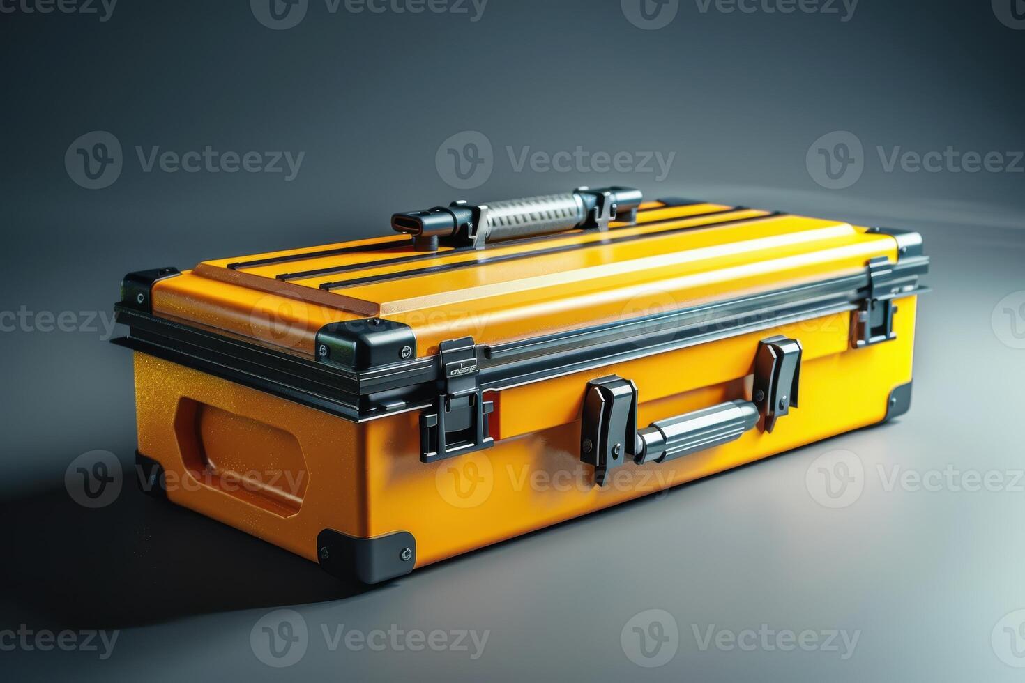 Yellow tool case with sturdy handle and metal latches in a dark studio setting photo
