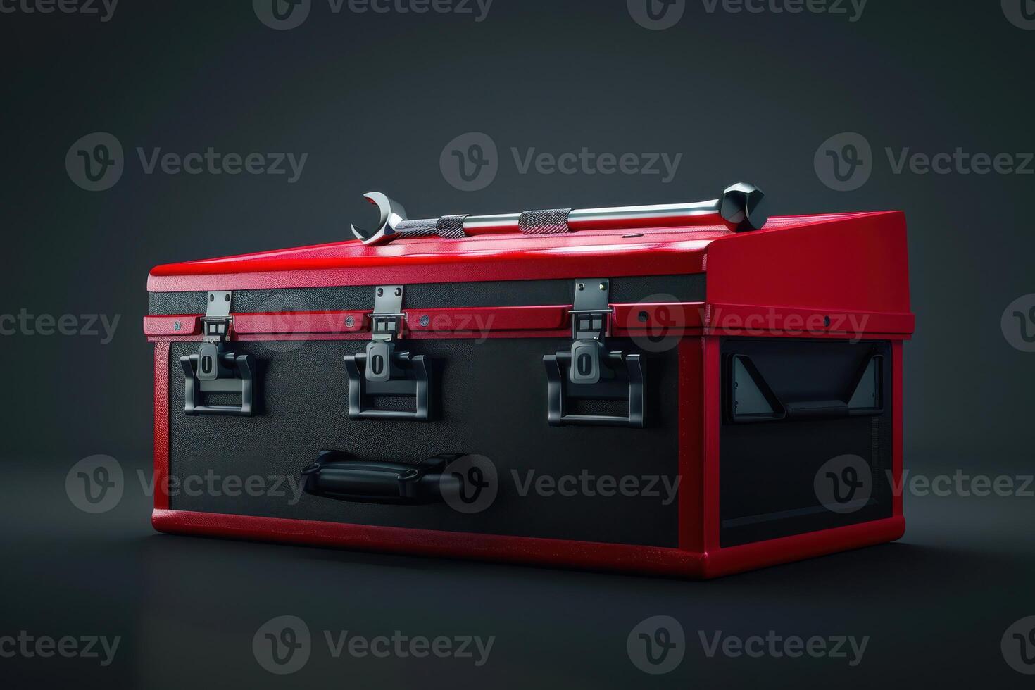 A red toolbox with a wrench on top, resting on a dark surface in a well-lit workshop photo