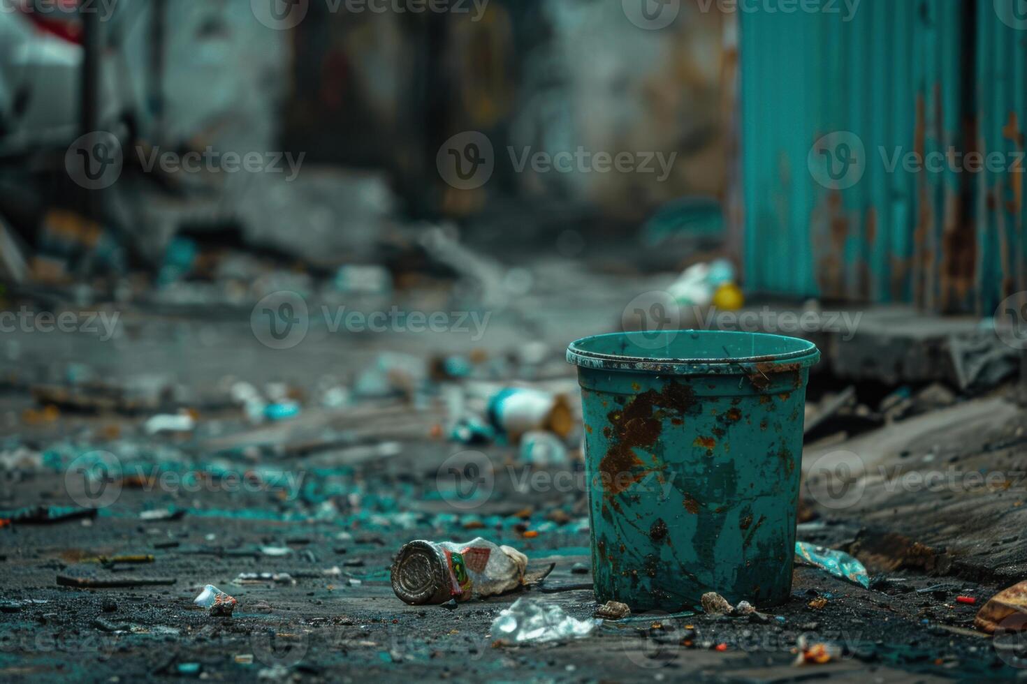 Trash littered alley with a green bucket and scattered debris in an urban environment photo