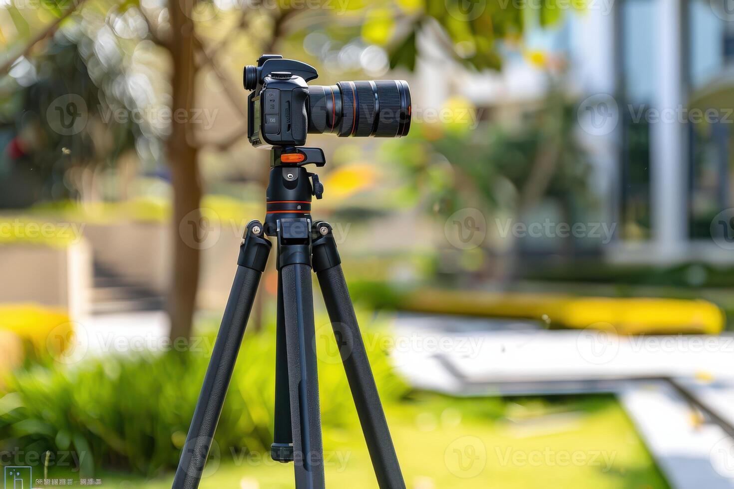 Camera on tripod set up in a sunny outdoor garden for photography in the afternoon light photo