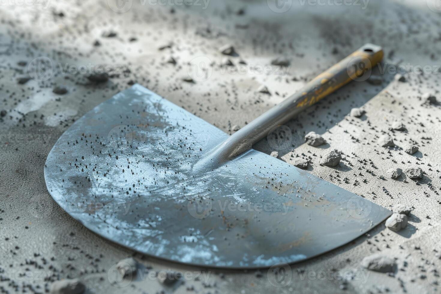 A metal hoe resting on gravel soil, surrounded by scattered small stones in a garden setting photo