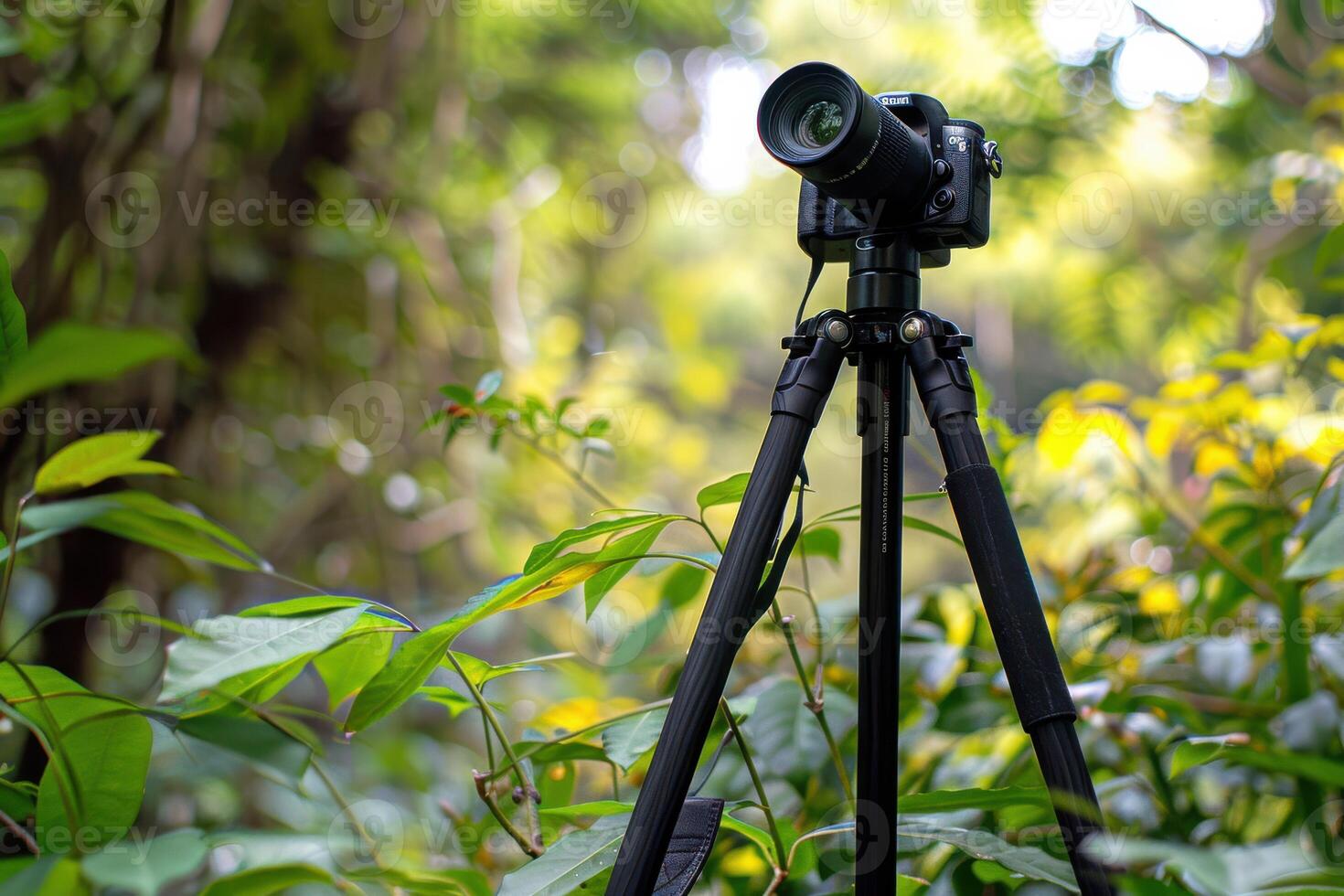 Camera on a tripod surrounded by lush greenery in a forest during daylight photo
