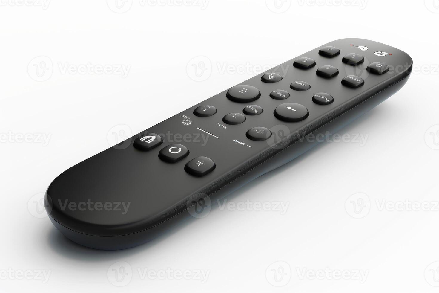 A black remote control lying flat on a white surface with various buttons for television and multimedia functions photo