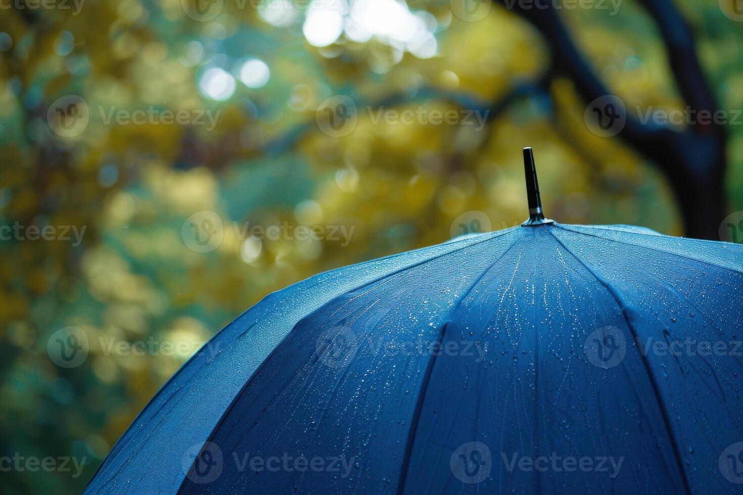 A blue umbrella covered in raindrops against a blurred backdrop of autumn foliage in a tranquil park photo