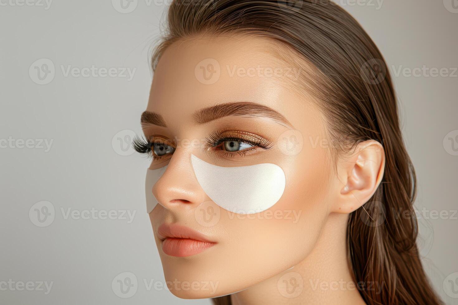 Woman applying under-eye patches during skincare routine at home photo