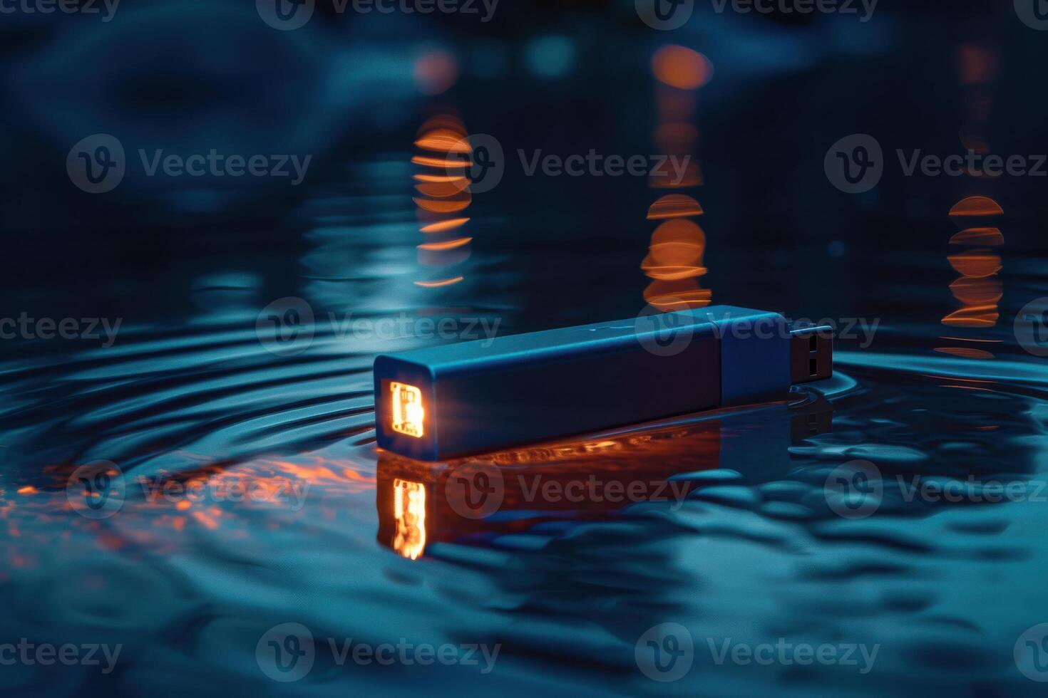 A blue USB drive floats on water, illuminated by ambient lights during dusk photo