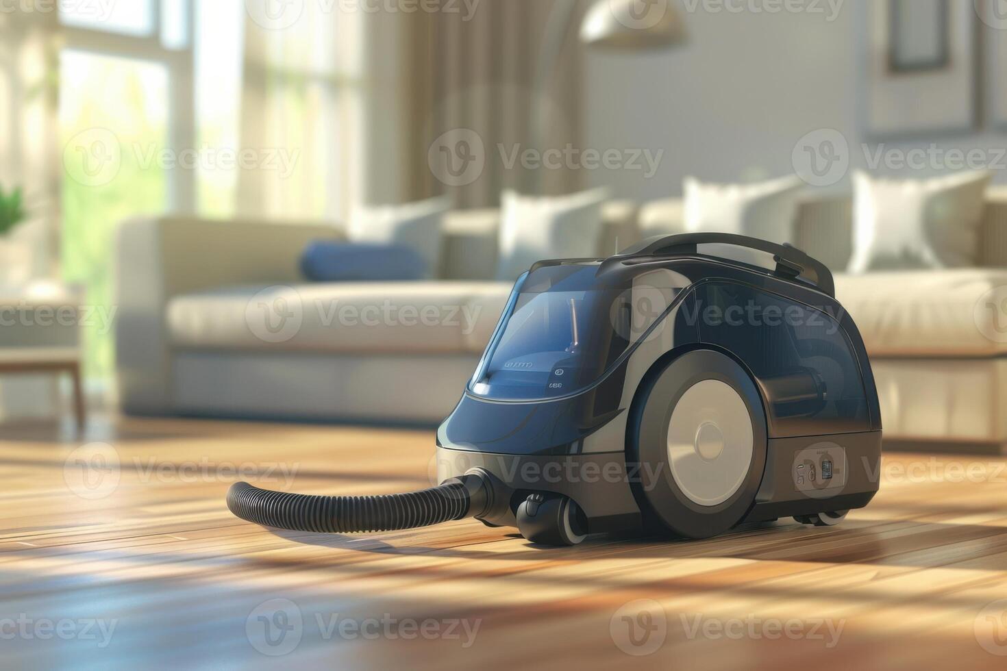 Modern vacuum cleaner on hardwood floor in well-lit living room during daytime photo