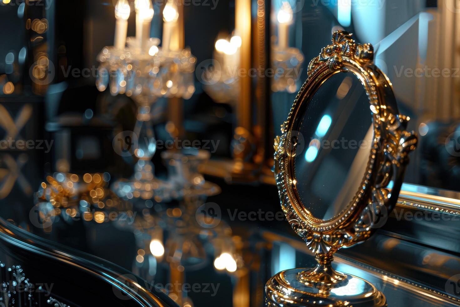 Elegant vintage mirror reflecting soft candlelight in a luxurious setting photo