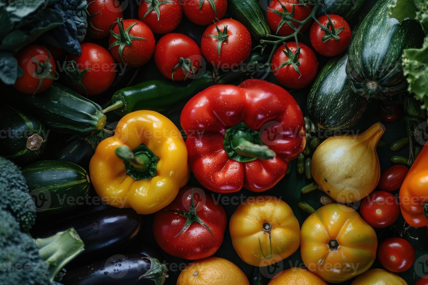 Colorful assortment of fresh vegetables including tomatoes, peppers, and zucchini on display in a market setting photo