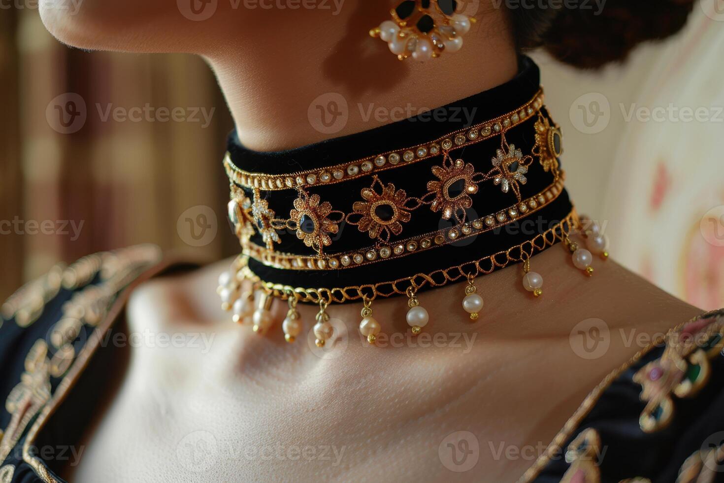 Elegant choker necklace adorned with pearls and gold detailing showcased on a model during a cultural event photo