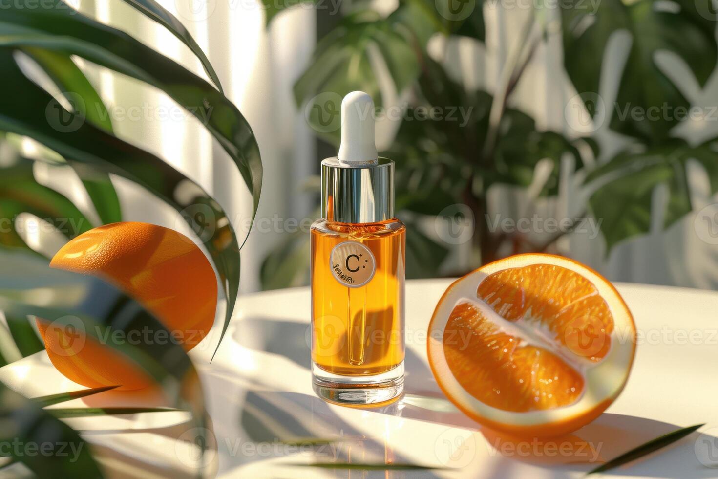 A bottle of vitamin C serum with oranges and green leaves in a bright, natural setting during the day photo