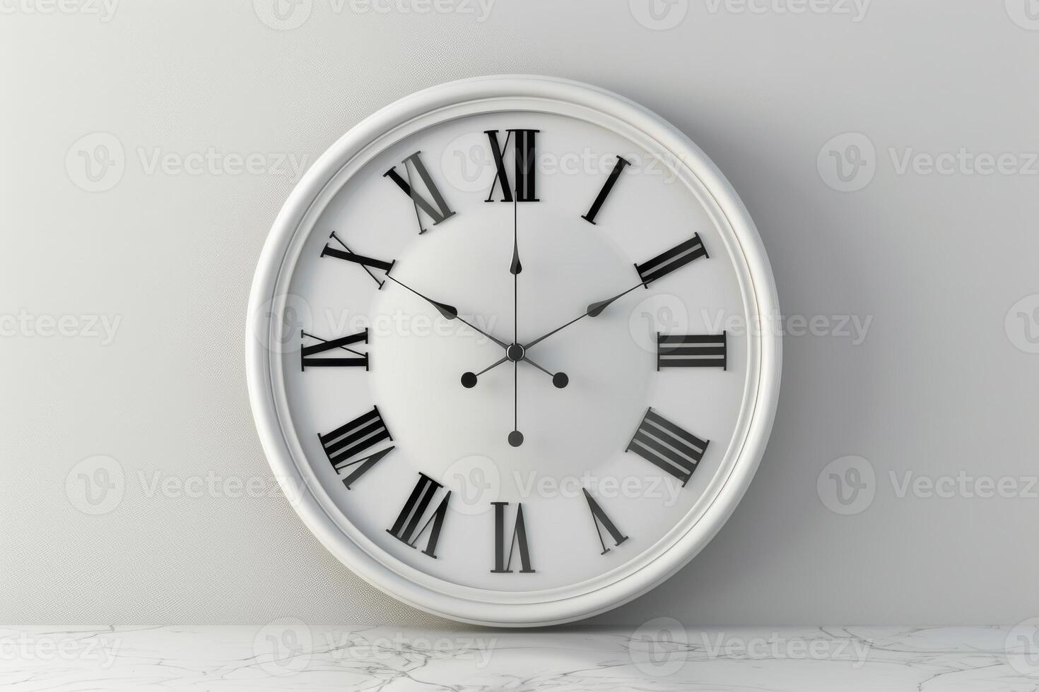 Elegant white wall clock displaying Roman numerals, set against a neutral background, capturing the time mid-morning photo