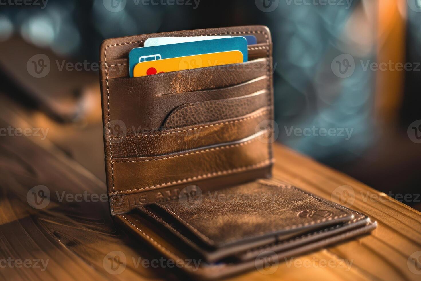 A brown leather wallet opened on a wooden table displaying credit cards in a cozy setting photo