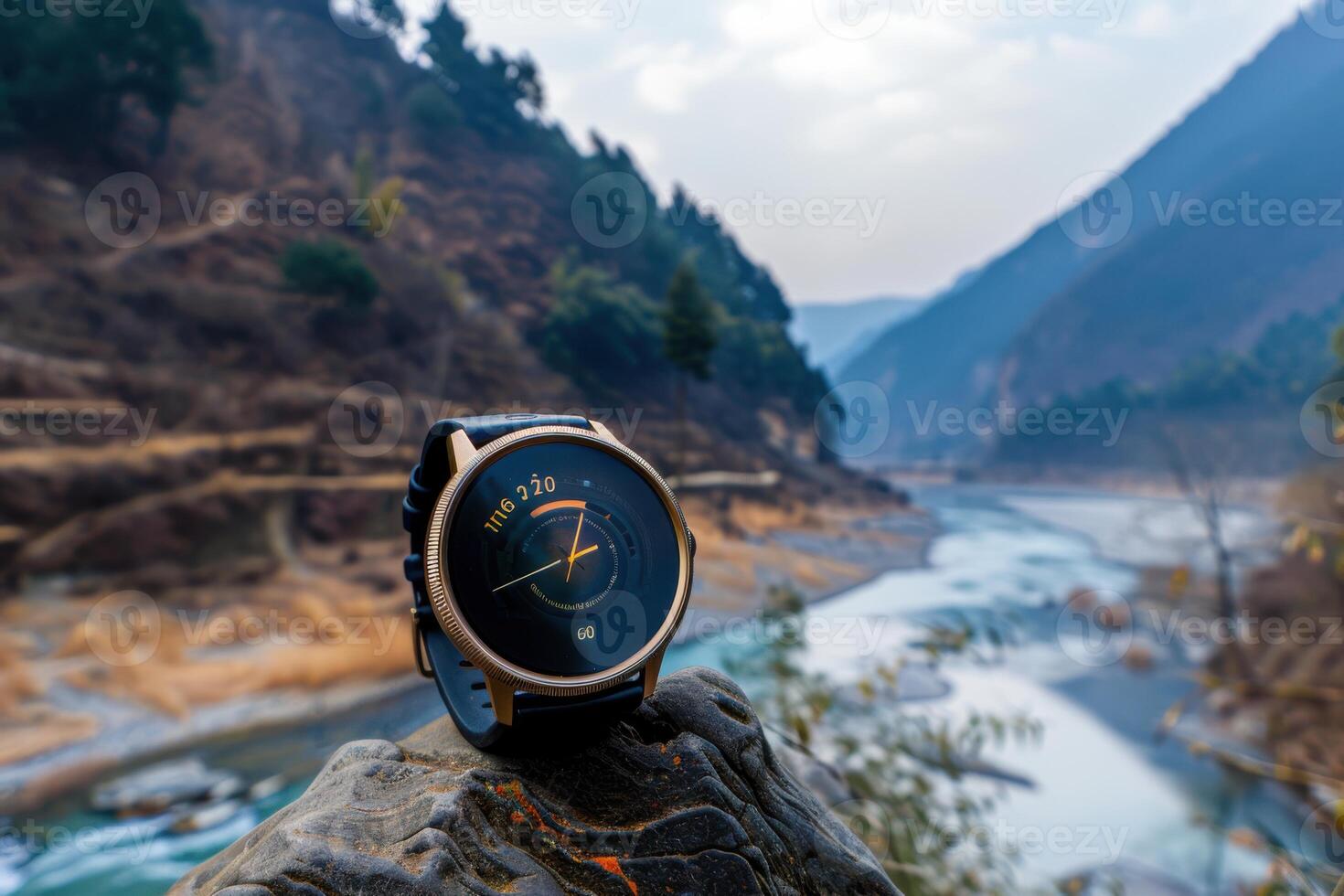 A close-up of a sleek watch resting on a rock by a tranquil river surrounded by mountains during the day photo