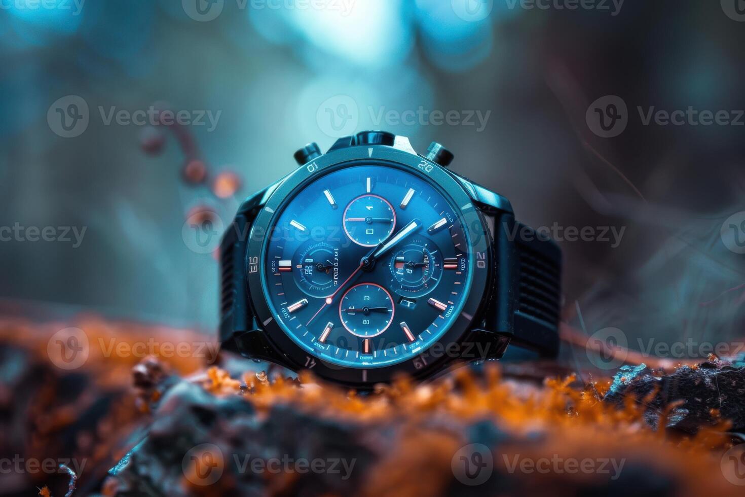 A close-up of a black chronograph watch set against a mossy forest backdrop during early morning light photo