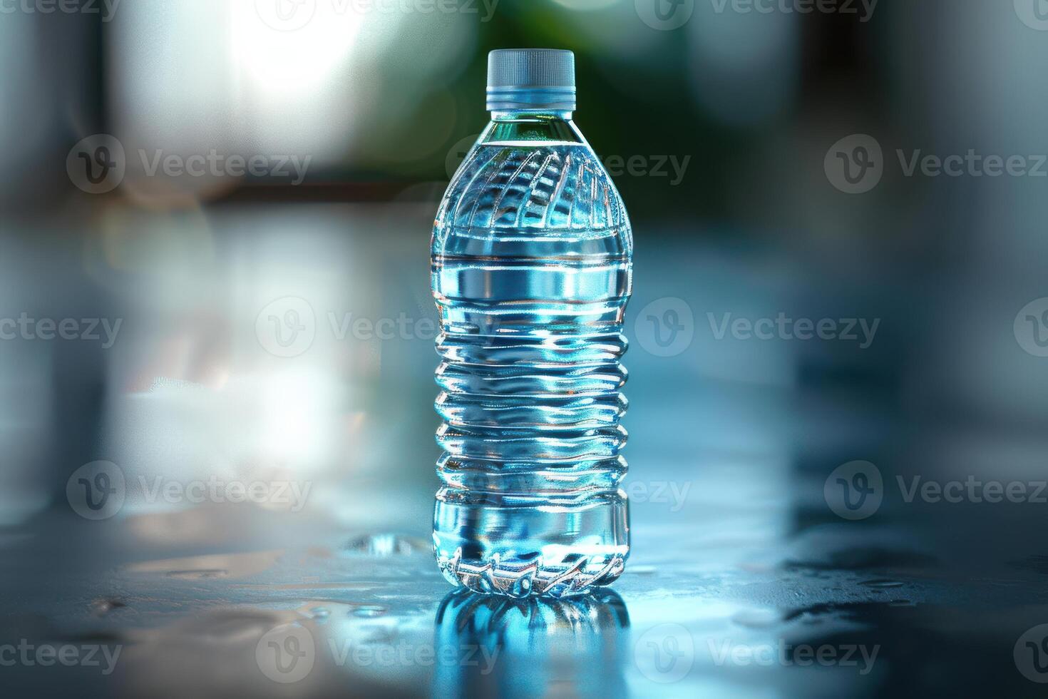 Refreshing clear water bottle on a glossy surface indoors in soft natural light photo