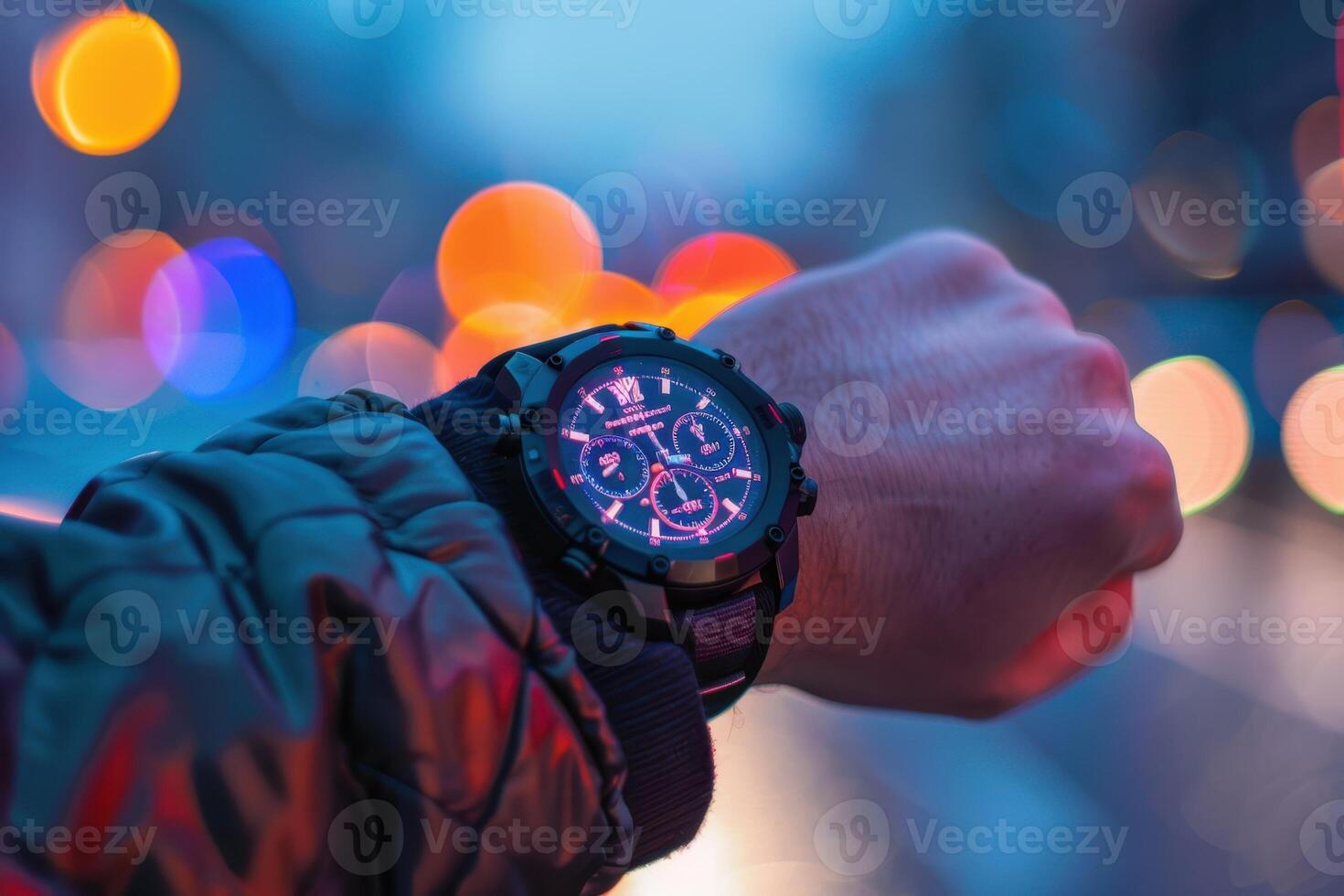 A person checking a futuristic wristwatch in a vibrant urban setting at dusk, with colorful bokeh lights in the background photo