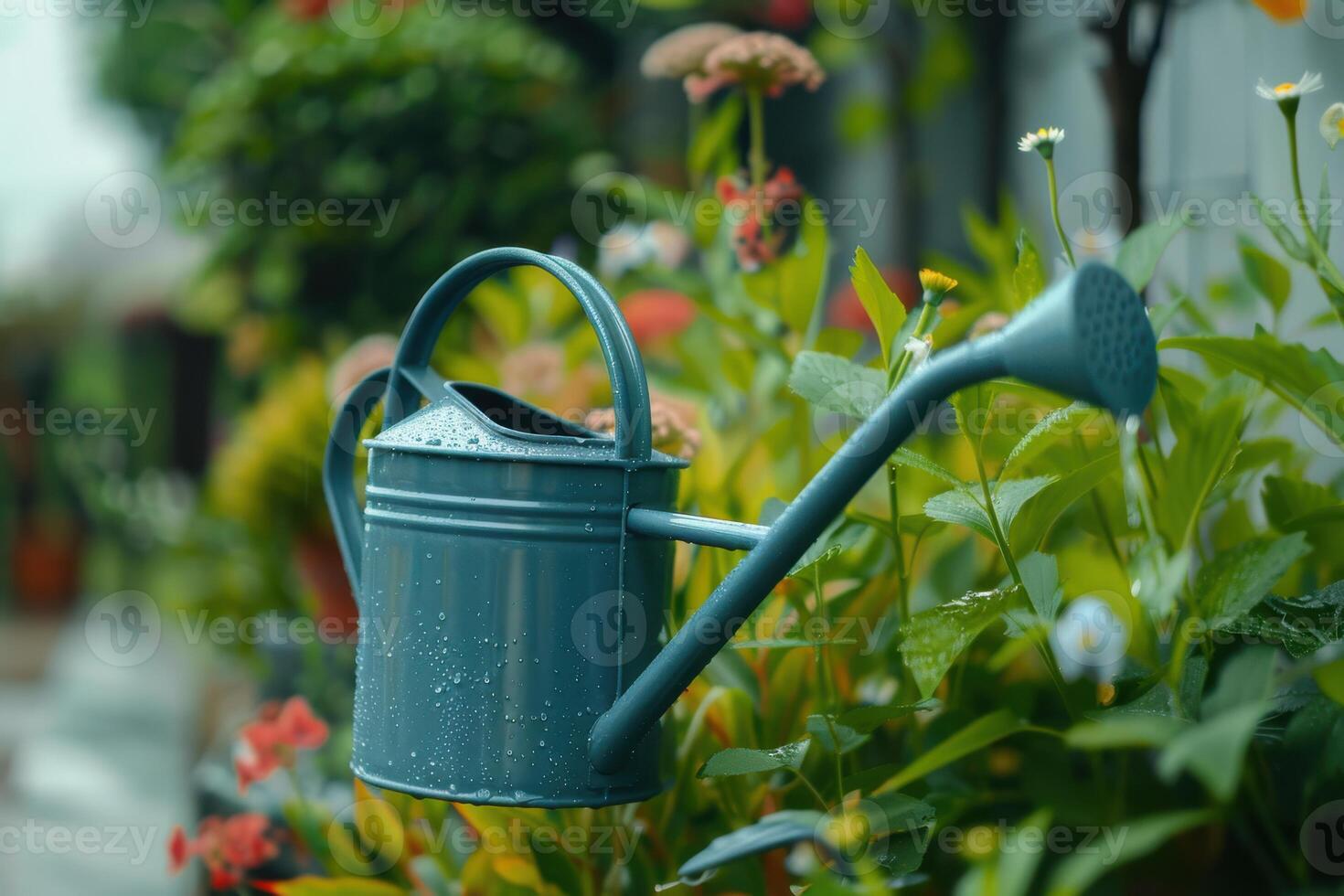 A teal watering can rests among vibrant flowers after a refreshing rain in a garden setting during spring photo