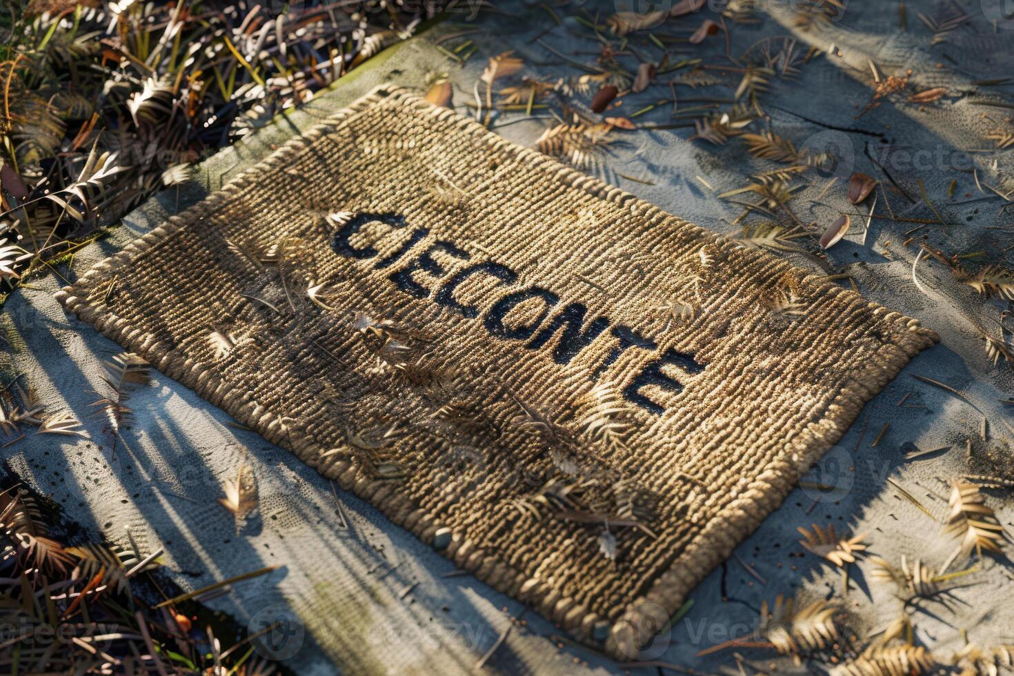 Doormat with the word welcome surrounded by fallen pine needles in a sunlit outdoor setting photo