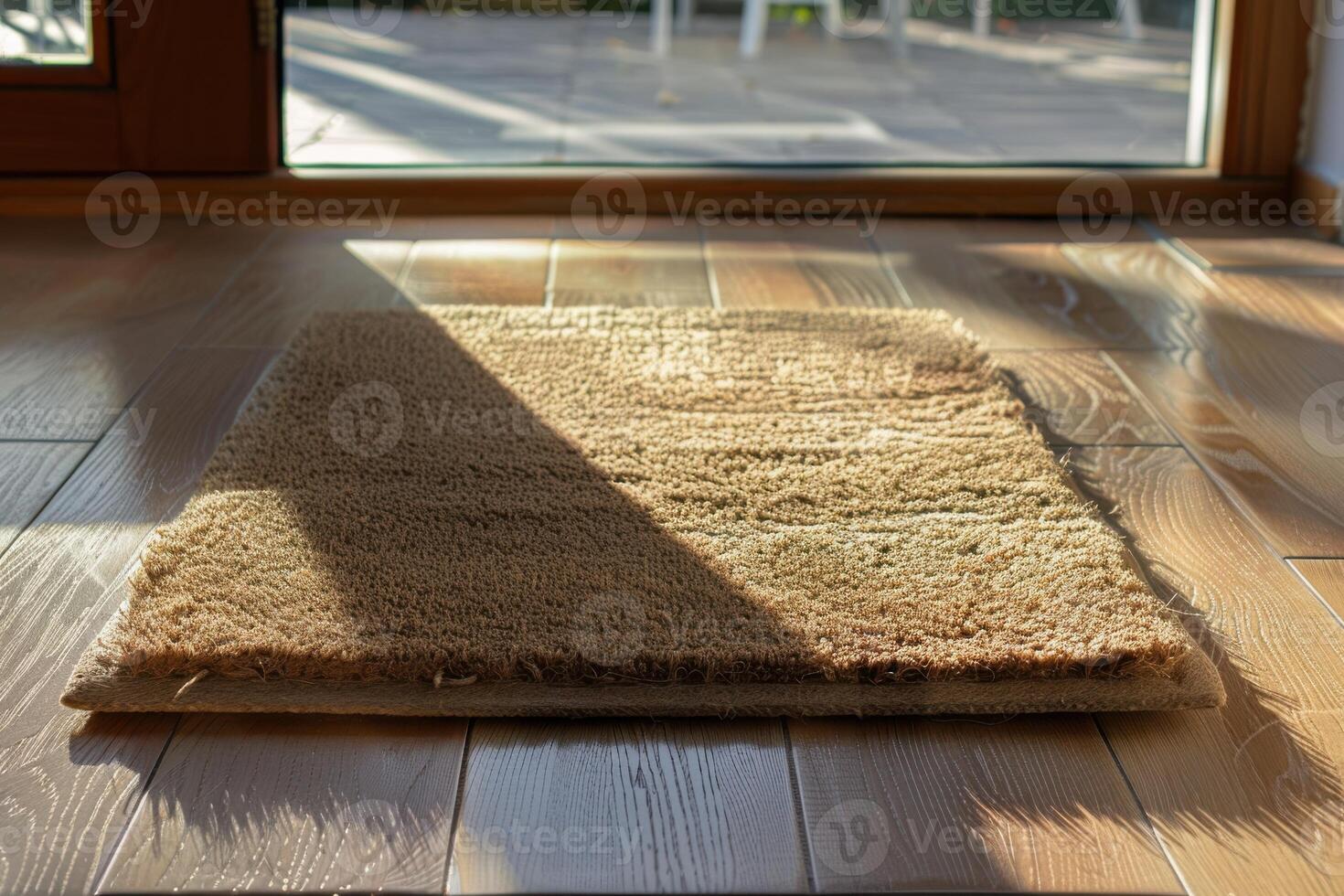 Soft, tan carpet mat positioned on wooden floor with sunlight filtering through glass doors in a serene indoor space photo