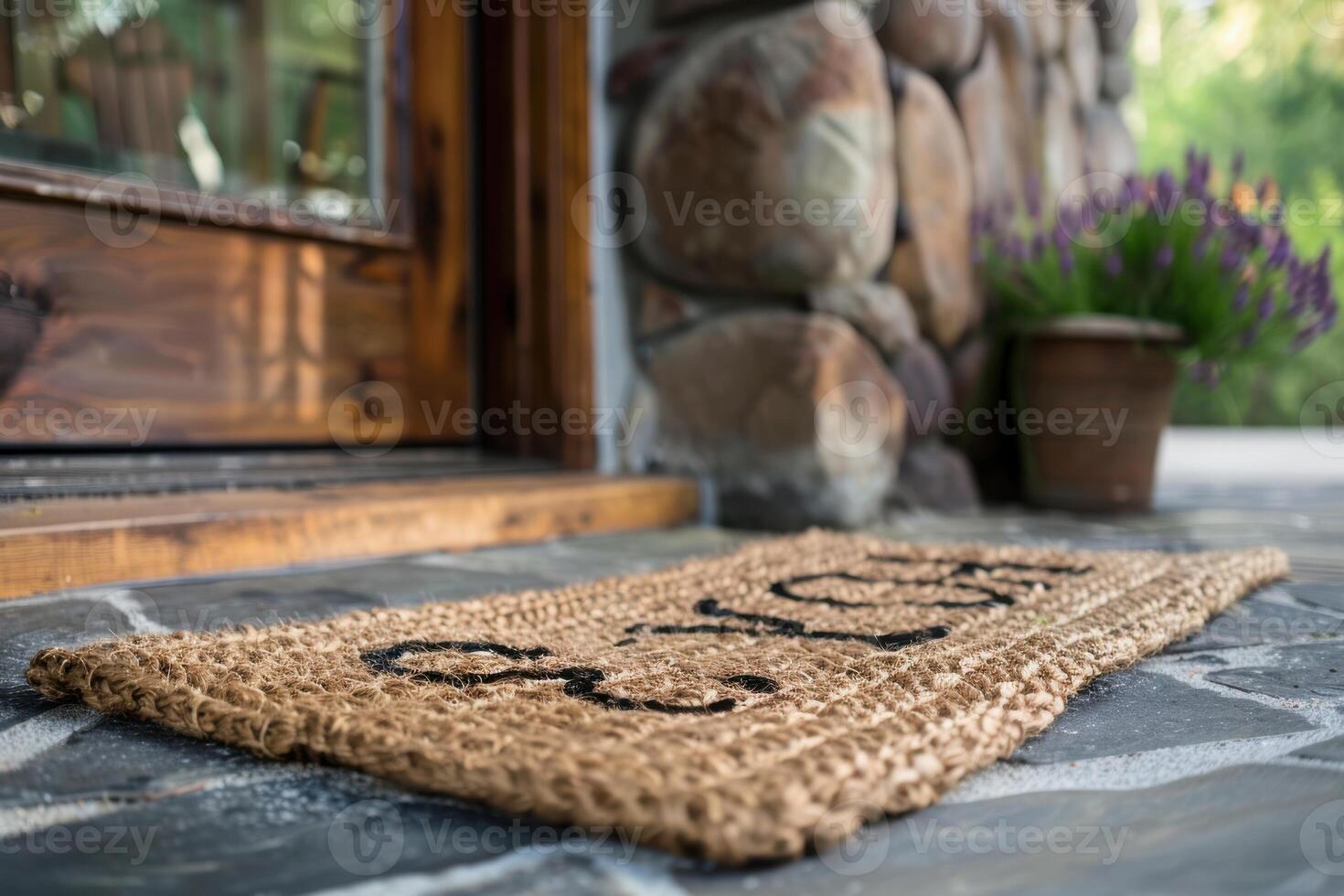 Welcome mat at a rustic stone entrance with potted plants during the afternoon photo
