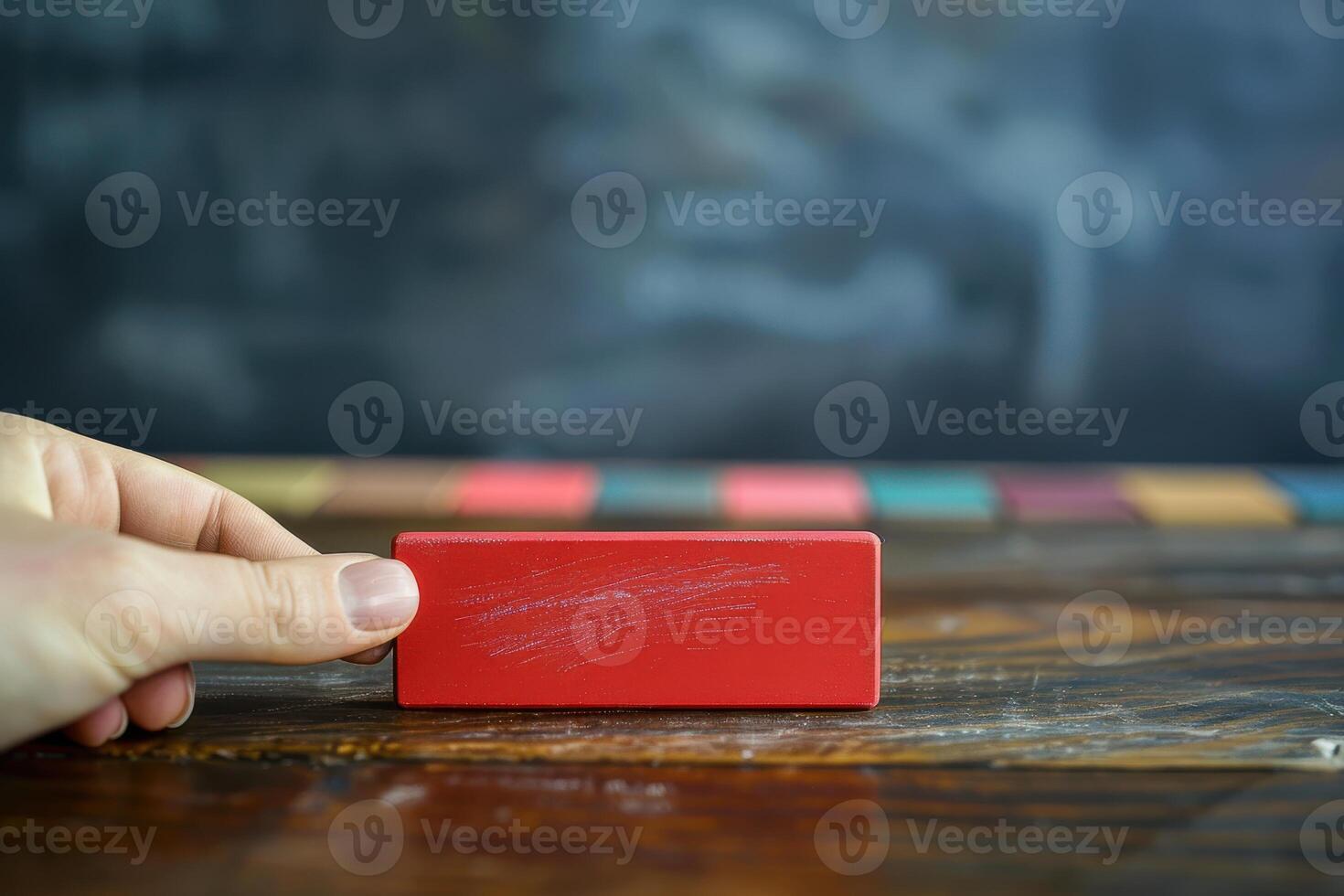 A hand pushing a red block across a wooden surface in a classroom with colorful markers in the background photo