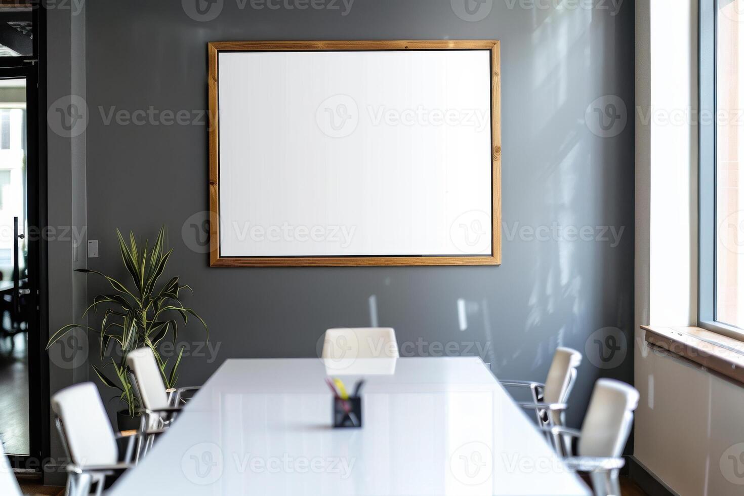 Modern conference room with a large whiteboard, sleek chairs, and natural light illuminating the workspace photo