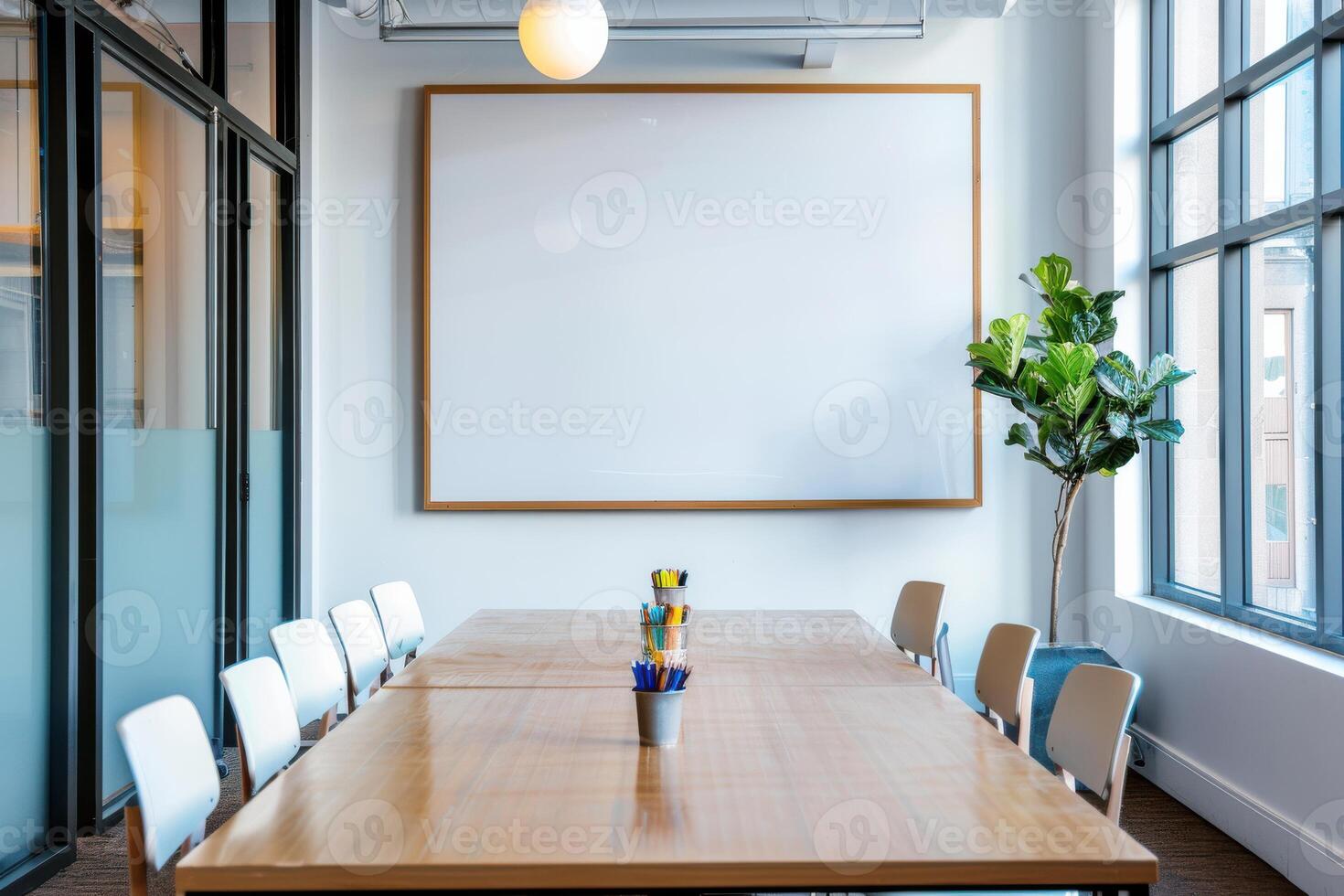 Modern conference room with large whiteboard and potted plant during the day photo