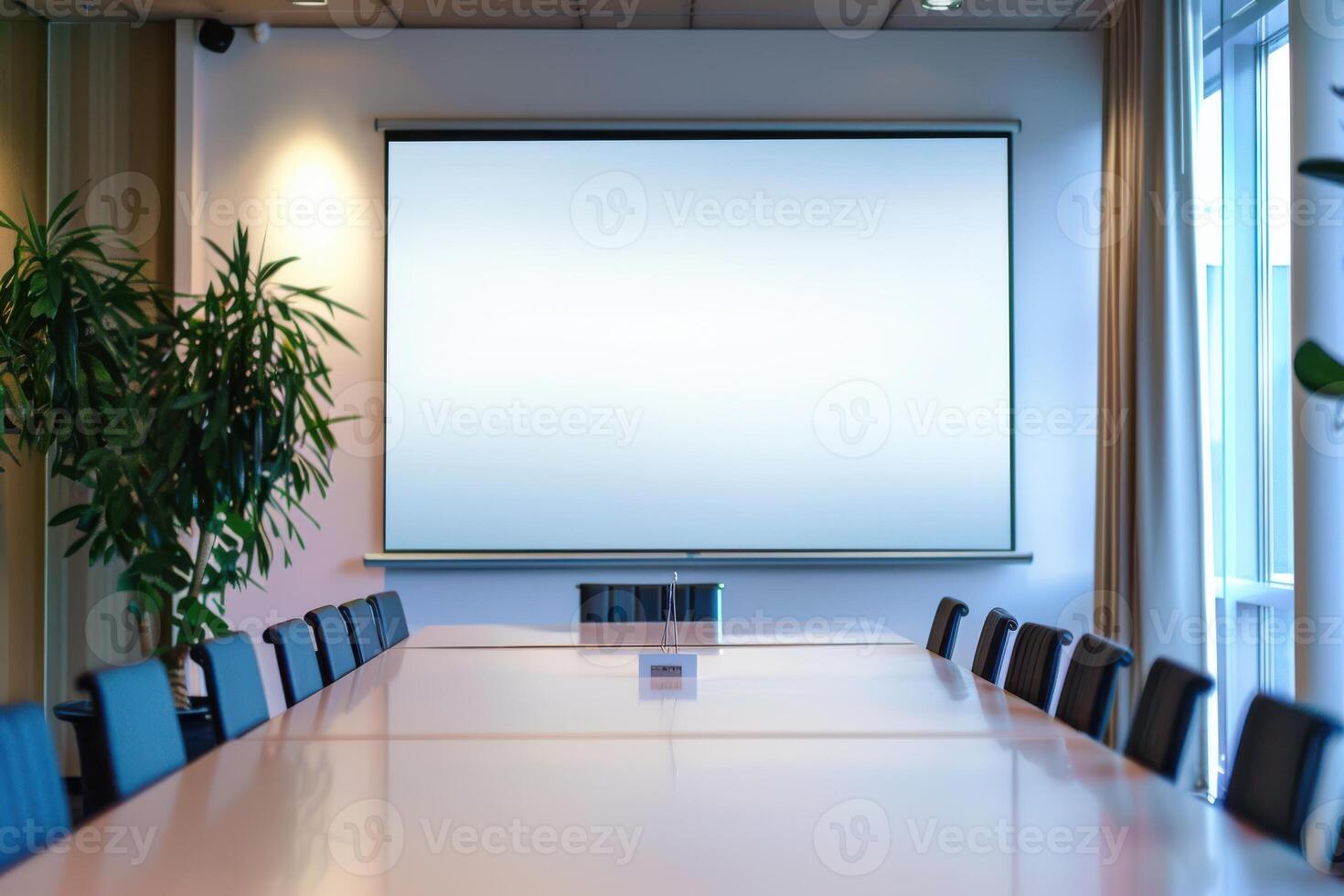 Meeting room with a long table and a large projector screen in a modern office environment photo