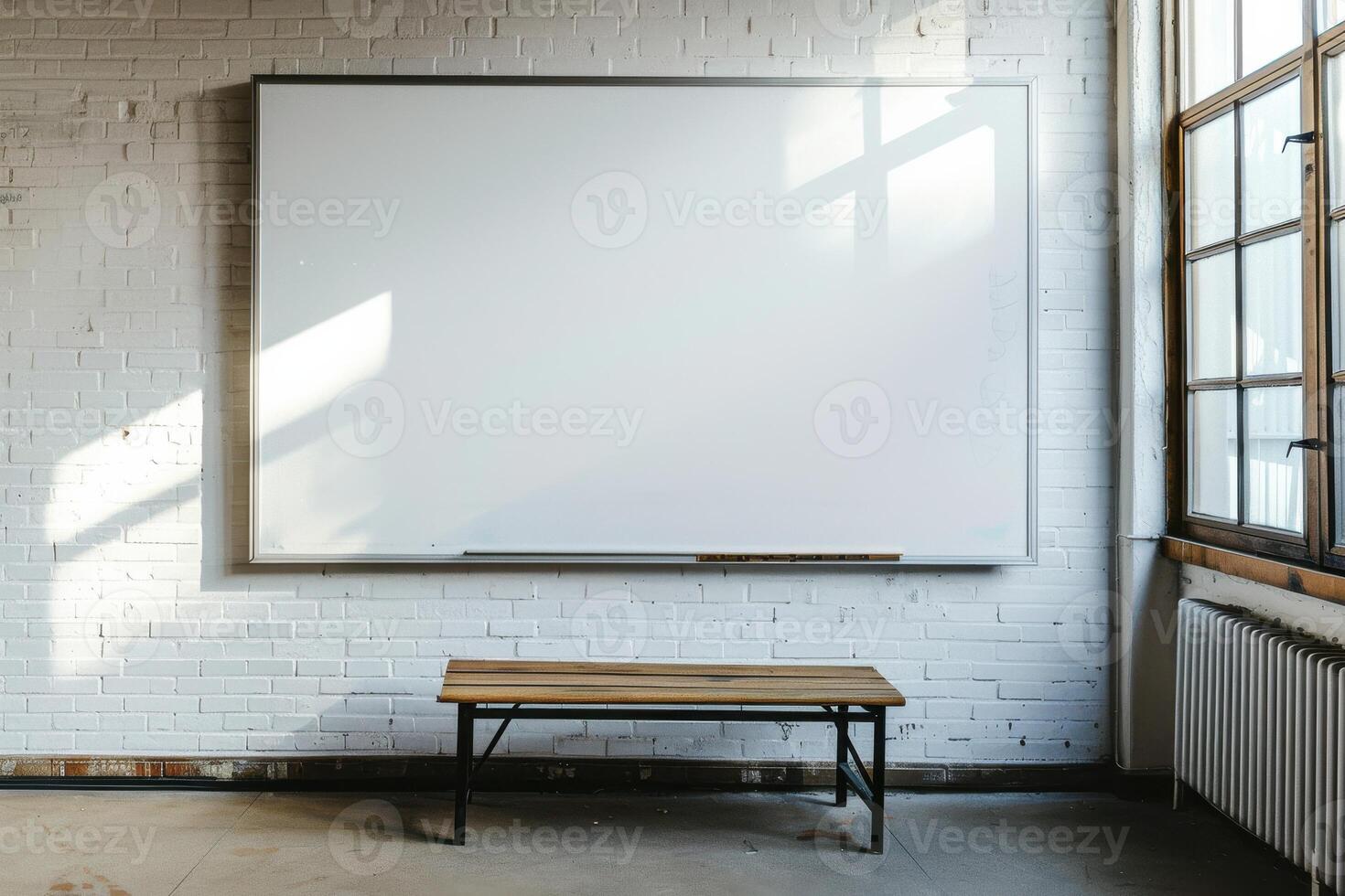 Bright classroom with empty whiteboard and wooden bench in a sunny educational space photo