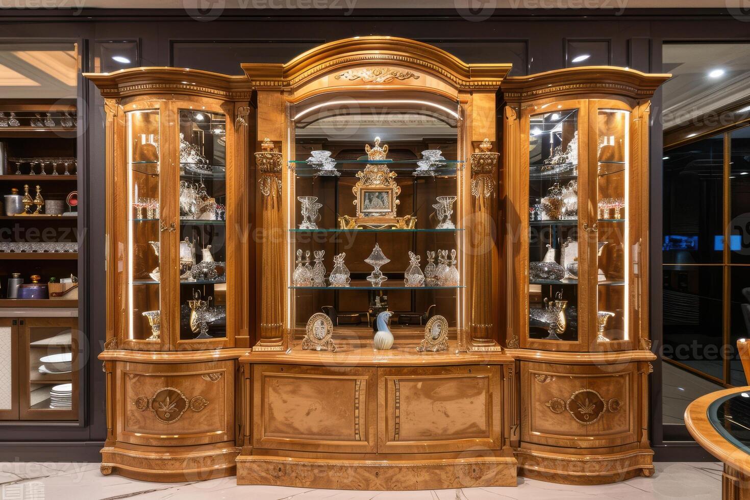 Elegant wooden display cabinet showcasing fine glassware and decorative items in a modern living space during the evening photo