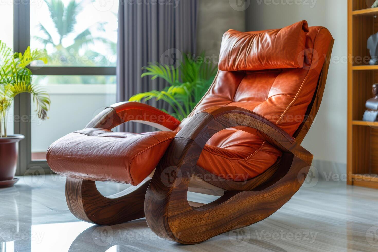 Stylish leather reclining chair in modern living room with natural light and indoor plants photo