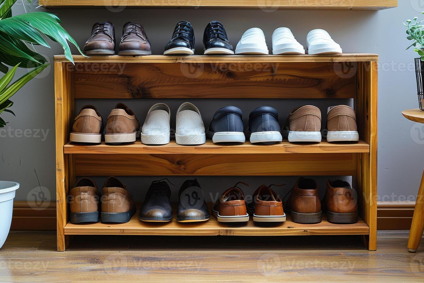 Shoe shelf displaying various styles in a modern interior setting photo