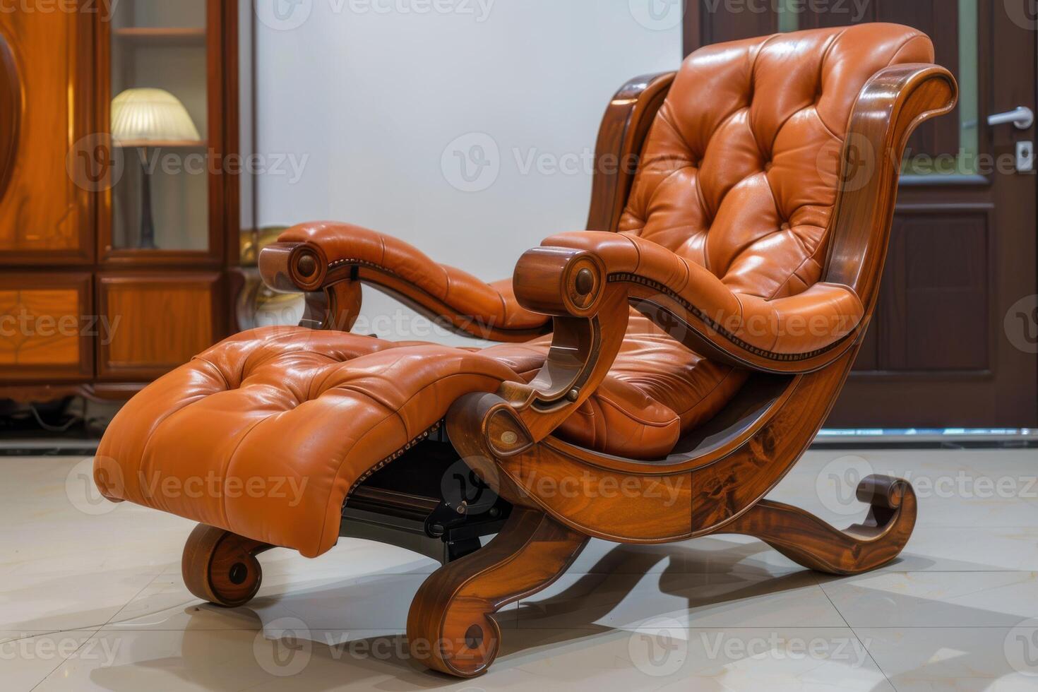Luxurious leather rocking chair in a modern living room setting with wooden accents photo