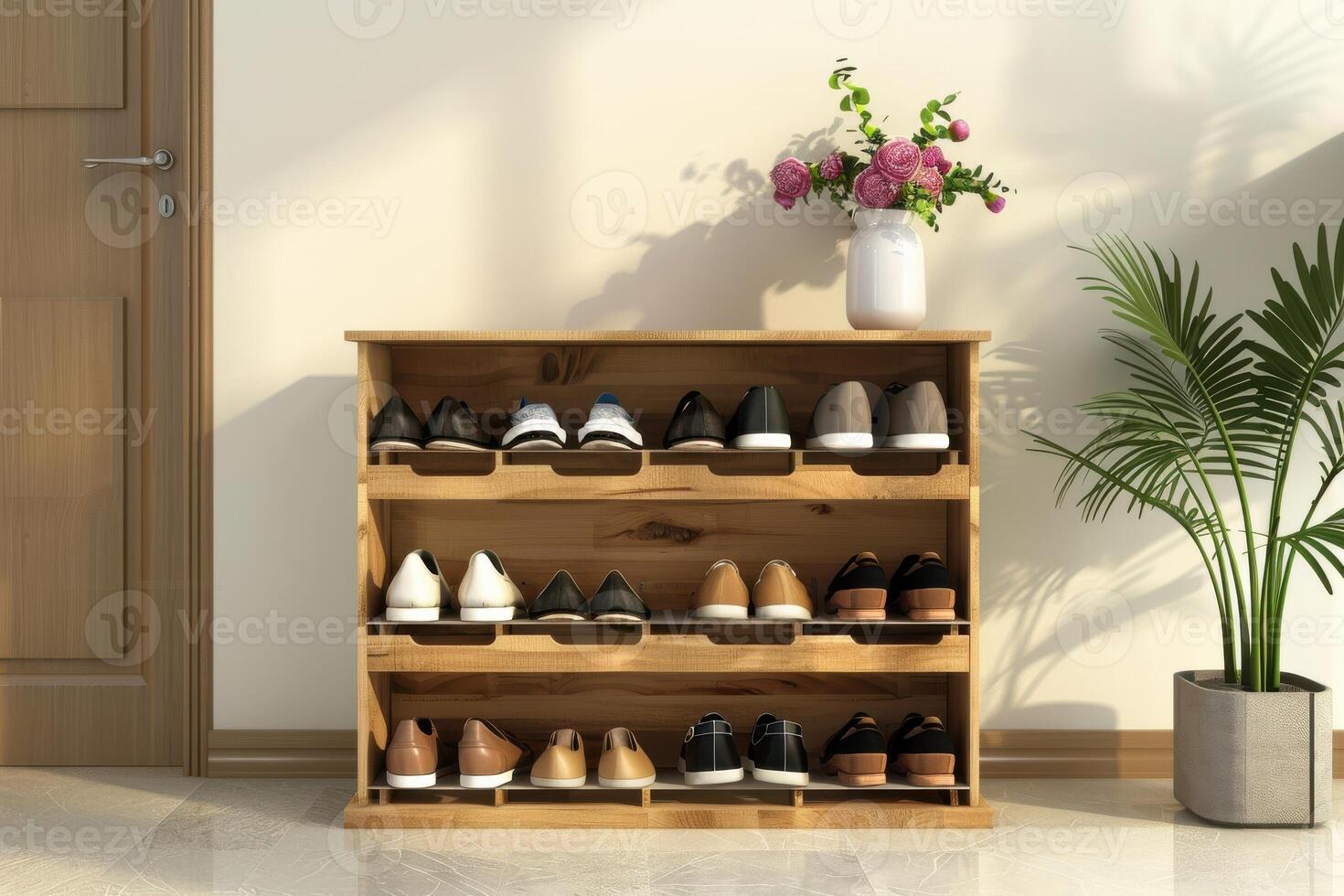 Wooden shoe rack with various footwear and a bouquet of flowers in a modern home interior photo