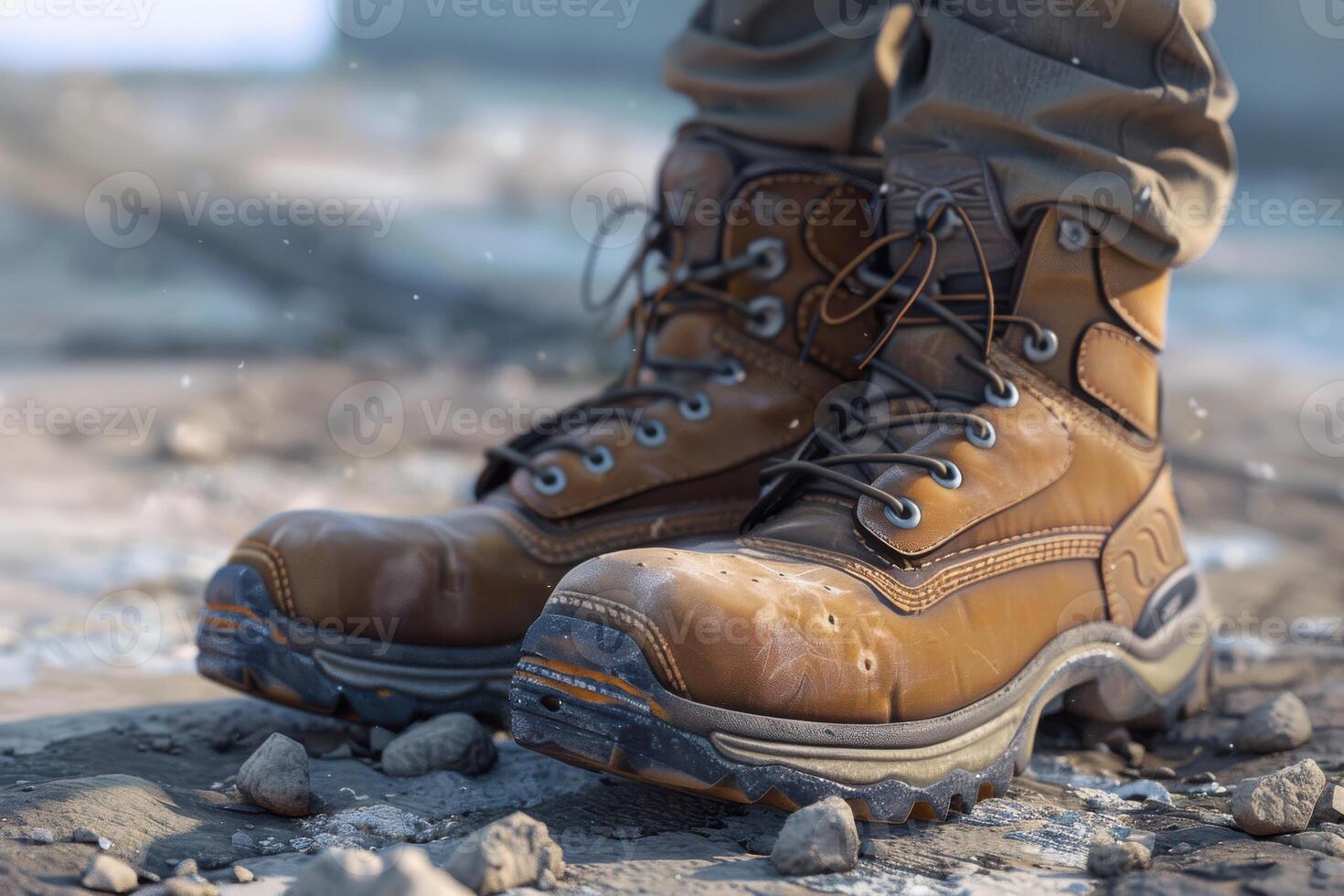 Brown work boots standing on a construction site with gravel and dust around during daylight photo