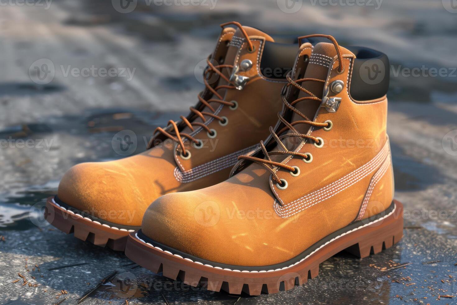Brown work boots on a wet surface reflecting light in a casual outdoor setting photo