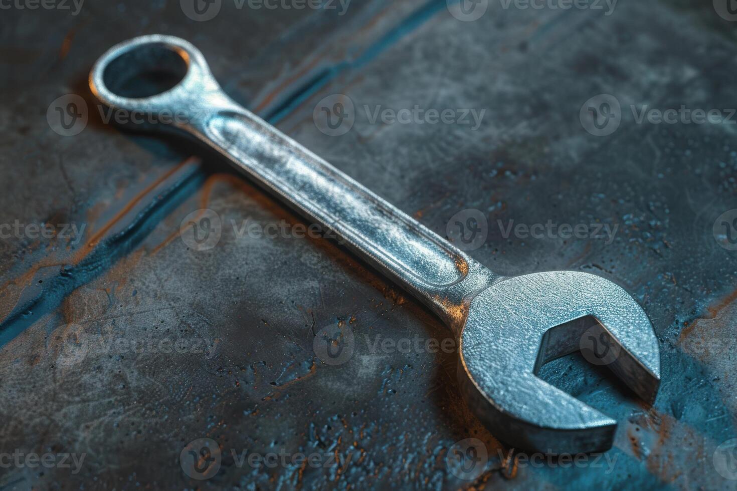 Close-up of a shiny metal adjustable wrench resting on a textured surface in a workshop setting during the late afternoon photo